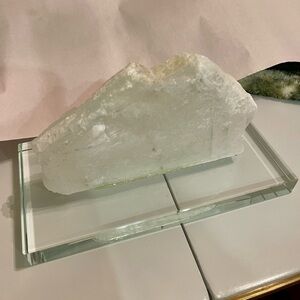 Decorative Quartz Crystal Gem Stone on Crystal Glass Base, 8” L x 4.4”H x 4”W